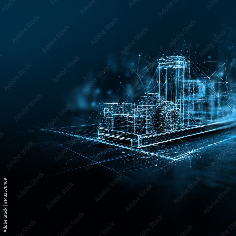Poster Engineering Blueprint: Digital Rendering of Industrial Machine with Network Connection Overlay.