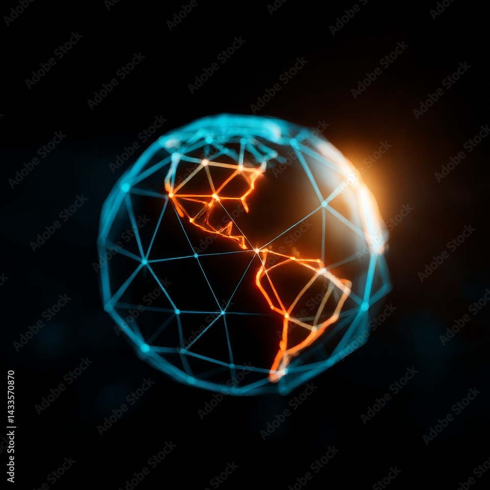 Poster Global Connection: A Digital Globe with America Illuminated in a Network Mesh on Dark Backdrop.