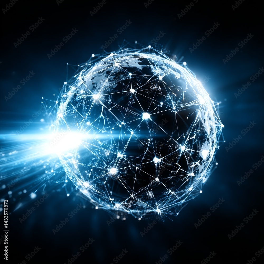 Aufkleber Global Connection Network: Abstract Technology Background with Glowing Lines and Nodes, Data Flow and Digital Communication