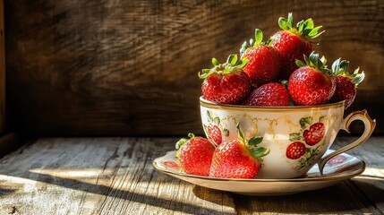 Strawberries in a vintage teacup with a rustic wooden background and soft shadows