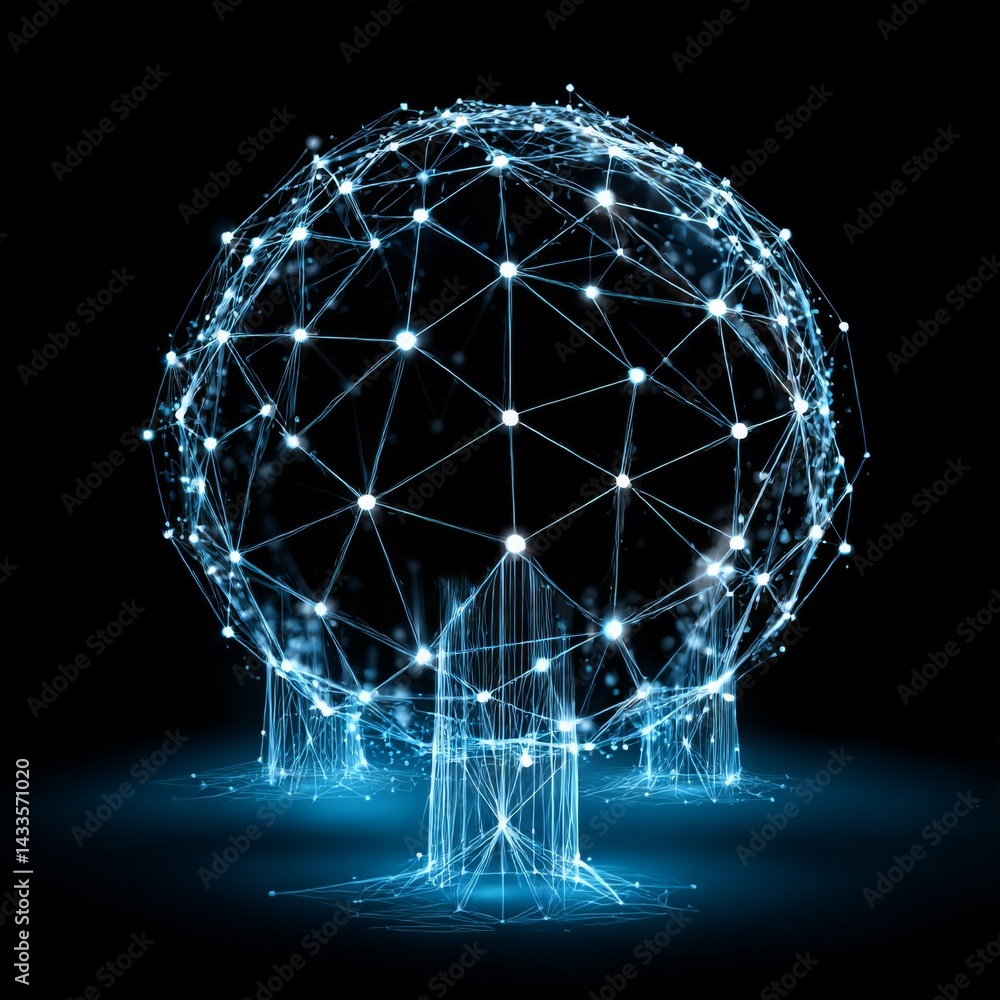 Poster Global Network Connection: A futuristic representation of interconnected systems with glowing nodes and a complex web of relationships.