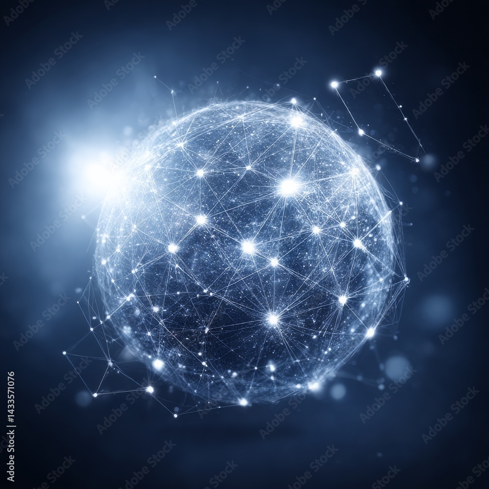 Poster global network connectivity: abstract sphere with shining nodes and interconnected lines