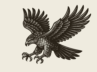 Flying hawk with spread wings and claws in engraving style