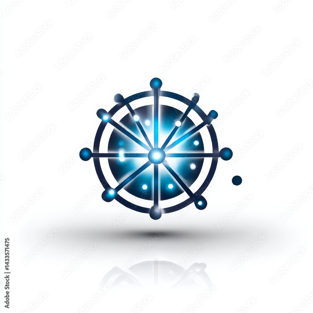 Poster network connection hub: a circular data network with glowing blue nodes and radial connections