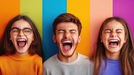 Expressive trio showcasing exuberant emotional release against vibrant backdrop