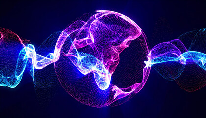 Abstract luminescent sphere pulsating with vivid neon energy. Particles and waves of magical glowing