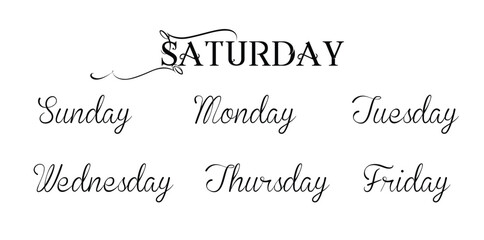 Weekday Names Handwritten Text – Saturday to Friday Modern Calligraphy Vector Illustration in Black, Hand Drawn Lettering for Planners, Wall Art, Stickers, and Digital Projects.