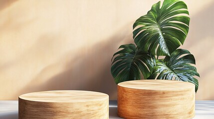 Two wooden podiums and green monstera plant against neutral background for natural product display mockup