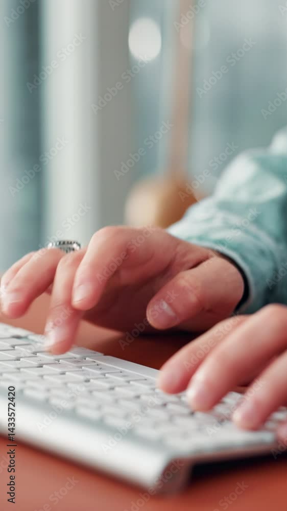 Poster computer, hands and person with typing on keyboard for editing article, submission feedback or story