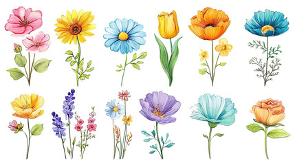 Obraz premium Set of spring flower stickers PNG with various colorful floral illustrations