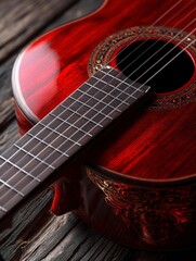 Obraz premium Close-up of Red Acoustic Guitar on Rustic Wooden Surface