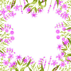 Square greeting card with purple blossom flowers. Botanical hand drawn watercolor illustration. Card template