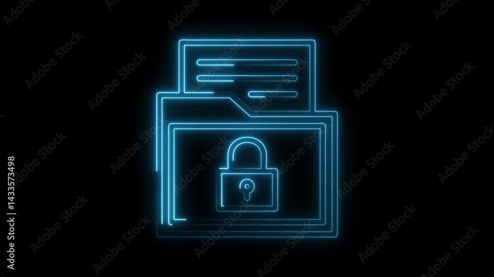 Poster digital file security with glowing neon padlock symbolizing data encryption and protection against c