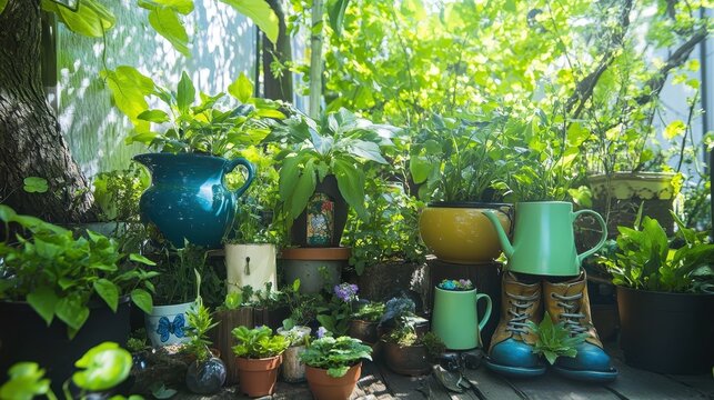 Lush greenery thrives in various pots and repurposed containers.