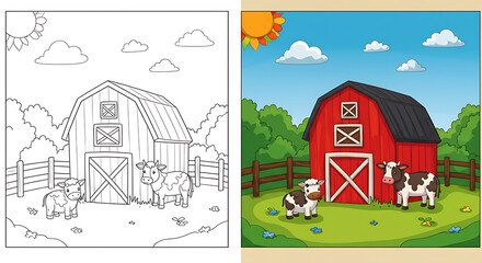 Cows by Red Barn Farm Scene Drawing Black and White and Color Version