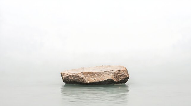 Lone Rock in Misty Sea Under Neutral Light