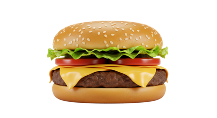 A close up shot of a cheeseburger with lettuce and tomato on a sesame seed bun on black background
