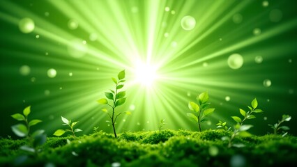 A vibrant scene of green sprouts emerging from moss, illuminated by radiant sunlight, symbolizing growth and renewal in nature.