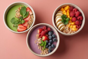 Bright and colorful smoothie bowls topped with fresh fruits, granola, and mint, perfect for a healthy breakfast or snack. Vibrant and appealing.