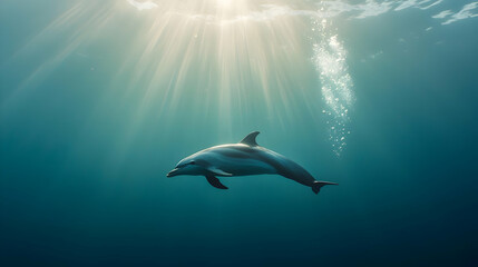 Dolphin Swimming Underwater With Sunlight