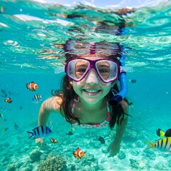 Naklejka premium girl with snorkel and fishes around
