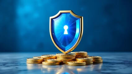 A digital shield with a keyhole sits atop a pile of golden coins, symbolizing security and protection in the realm of finance and digital assets.