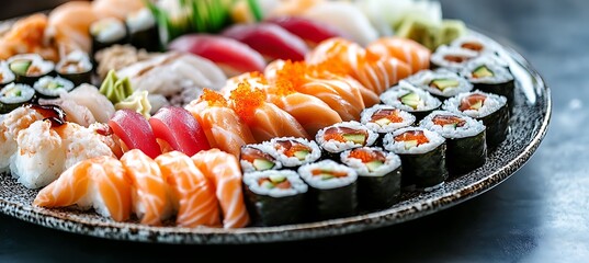 A beautifully arranged platter of fresh sushi rolls with vibrant ingredients and garnishes