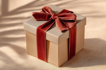 Obraz premium A beautifully wrapped gift box with a rich, satin ribbon sitting elegantly on a soft surface, evoking feelings of joy and anticipation for special occasions.
