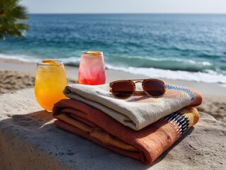Bright Beach Scene with Towels, Sunglasses, and Refreshing Drinks