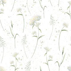 Seamless floral pattern of watercolor wildflowers yarrow and field grasses isolated from background. Hand drawn sketch meadow white flowers and wild greenery for fabric print, textile and cards.