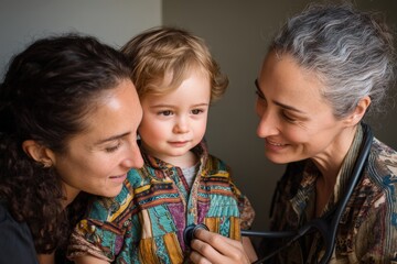 A caring pediatrician interacts with a young child and their mother, showcasing compassion and professionalism in a warm healthcare setting.