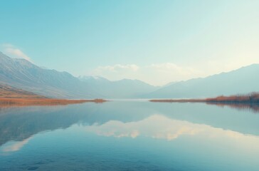 Obraz premium Serene highland lake reflecting mountains under morning light, blue sky fading into mist