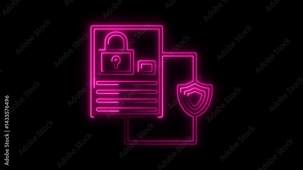 Poster neon cyber security animation with data and shield protection on black background