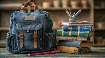 Vintage Backpack with Stack of Old Books and Pencils