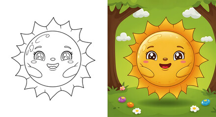 Cute Sun Cartoon Character with Outline for Coloring Book