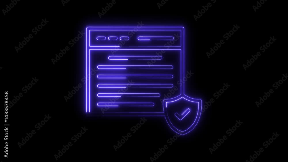 Poster neon style website security with shield checkmark cybersecurity web protection