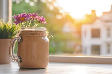 Mason Jar Smoothie with Purple Flowers on Windowsill in Sunlight