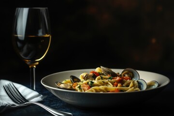 A bowl of pasta with clams, tomatoes, and parsley, alongside a glass of white wine