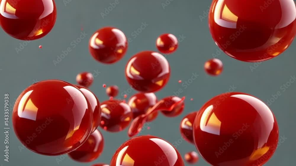 Poster dynamic abstract background of glossy red liquid droplets suspended in movement, showcasing energy a