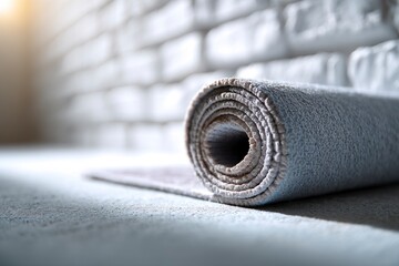 Rolled Up Gray Yoga Mat on Concrete Floor Against Brick Wall