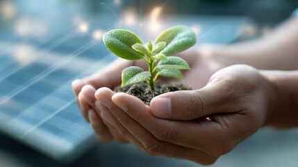 Holding Young Plant in Hands with Solar Panel Background Showing Growth