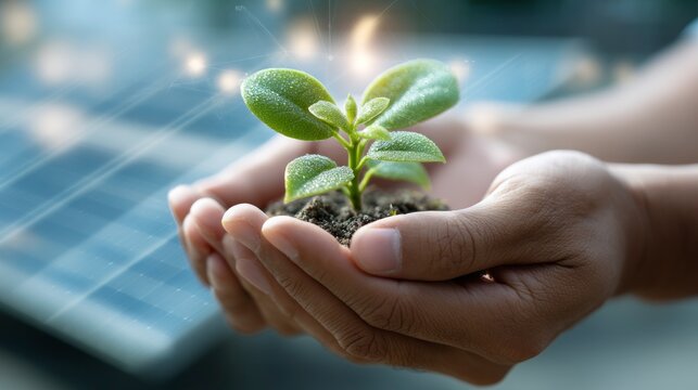 Holding Young Plant in Hands with Solar Panel Background Showing Growth