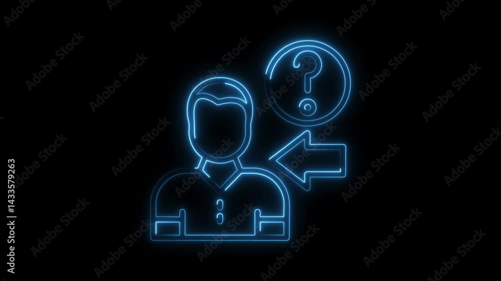 Poster neon man with question mark and return arrow concept animation on black background