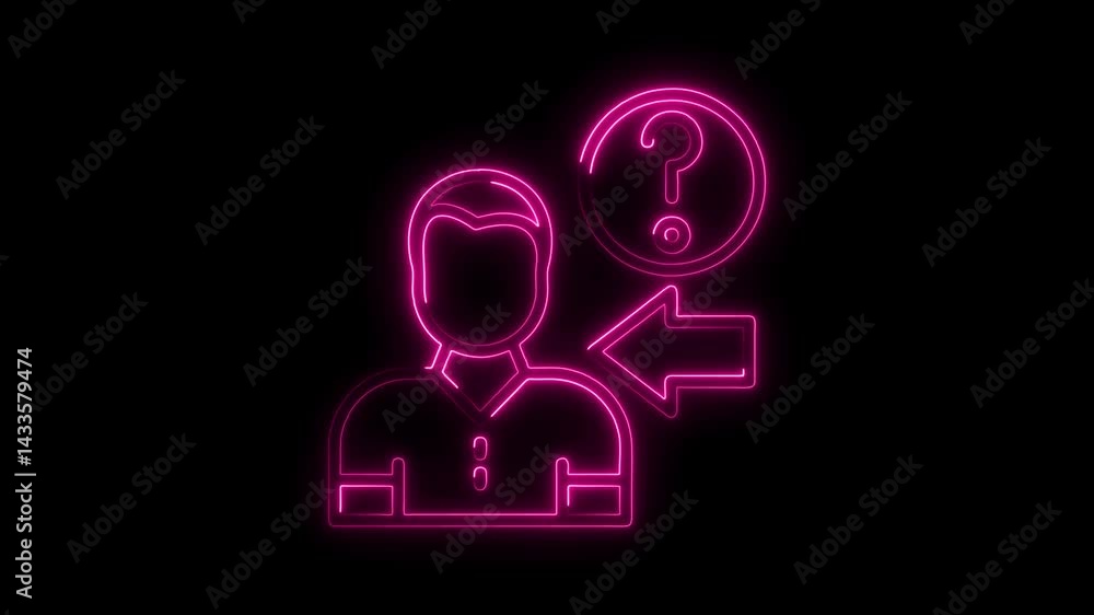 Poster glowing neon man with question and arrow direction on black background for identity resolution conce