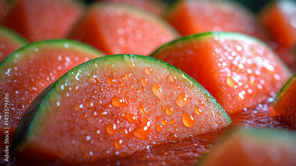 Poster fresh, juicy watermelon slices floating in water with ice and bubbles, creating a refreshing and pho