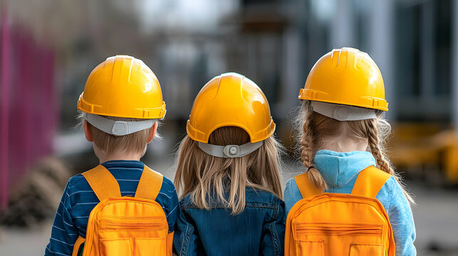 Three Children Wearing Safety Helmets and Vests Stand Together Observing Construction Site