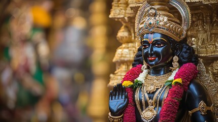 Fototapeta premium Black Marble Hindu Deity Statue Religious Art Gold Jewelry Indian Culture Spiritual Peaceful Ancient God Divine Worship Tradition Faith Belief 