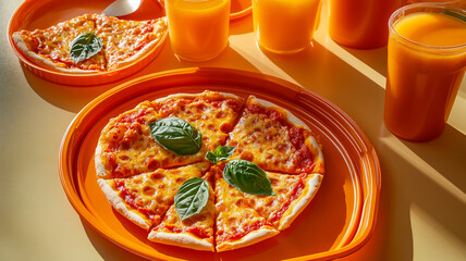 Retro School Lunch Setup with Pizza and Juice Tray