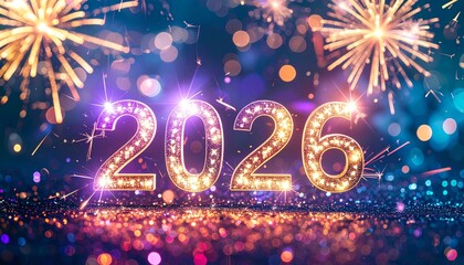 A spectacular celebration of New Year 2026 with vibrant lights, colorful sparkles, and an enchanting nighttime atmosphere. Fireworks, glitter, and a joyful mood fill the scene