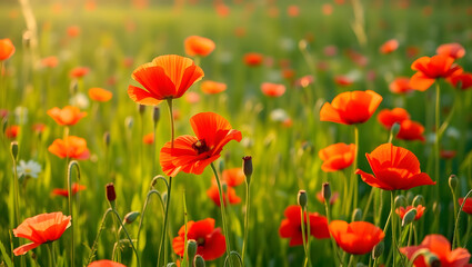 Fototapeta premium Vibrant Poppy Field Panorama Summer Meadow Background